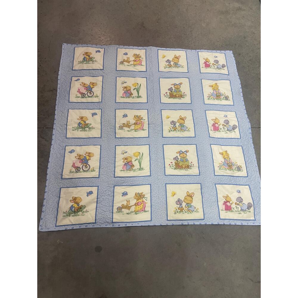 Blue-White Baby Blanket with Cute Little Animals, Adorable Scenes, Nursery
